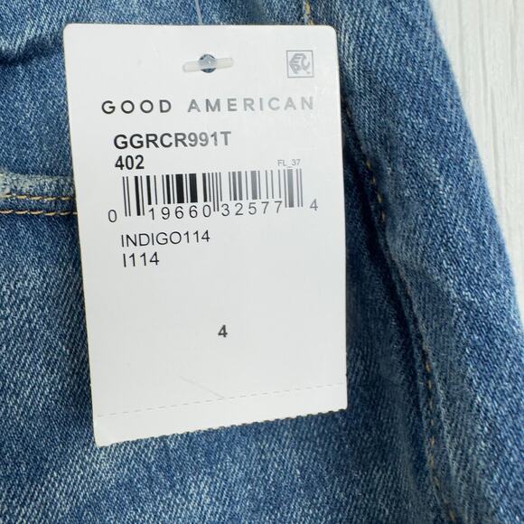 Good American Mid Rise Mom Jeans Sz 4 or 27 Casual Raw Hem Indiago 114 Cropped - Picture 3 of 11